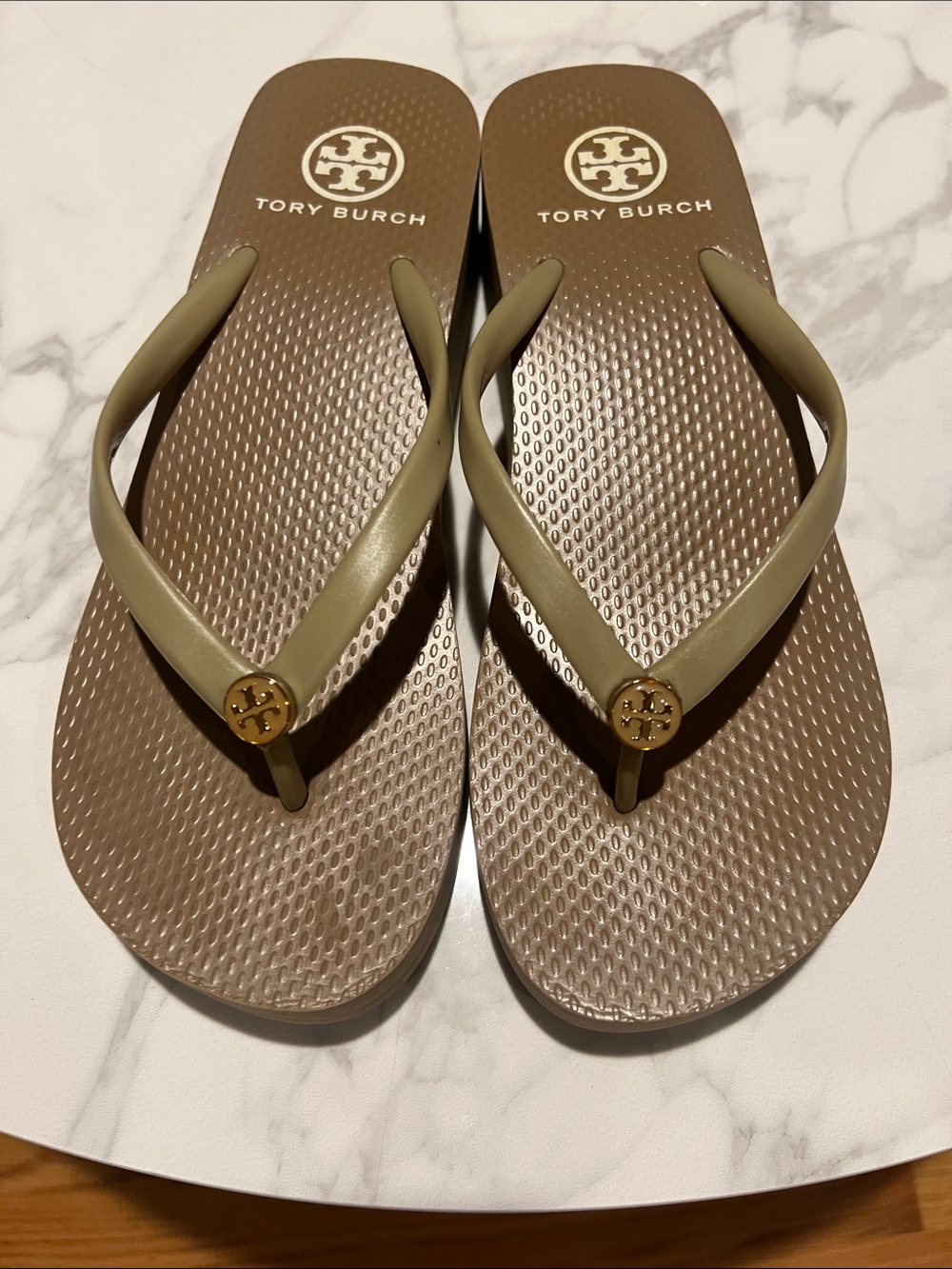 Tory Burch Olive Green and Brown Logo Flip Flops